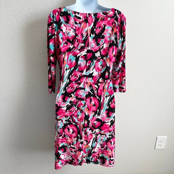 Evan Picone Cocktail Dress Women's 8 Pink Abstract V-neck Stretch Knee Length - Picture 3 of 4